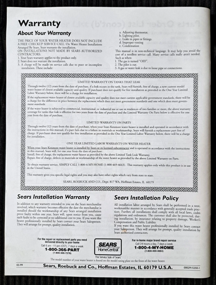 Kenmore Power Miser 12 Gas Water Heater Owners Manual, PN 0002915250-1 |  eBay