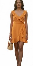 Laundry Shelli Segal Faux Wrap Ruffle Hem Mustard Yellow Fairy Y2K Dress 8 NWT