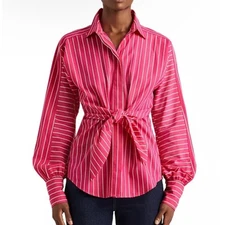 Lauren Ralph Lauren Pink White Stripe Tie Front Button Up Blouse Women's XXL