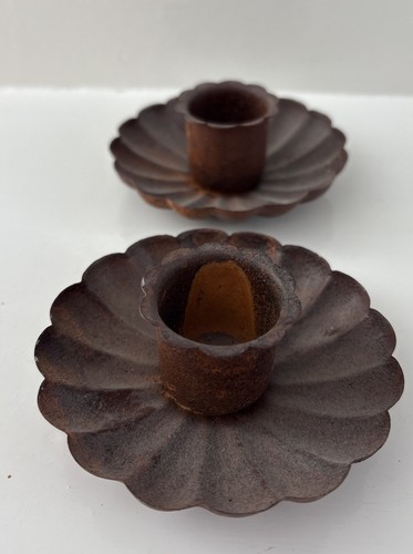 PRIMITIVE Tapered Candle Holders Brown Metal Rusted 2PC Rustic 3.5” W X  1”H