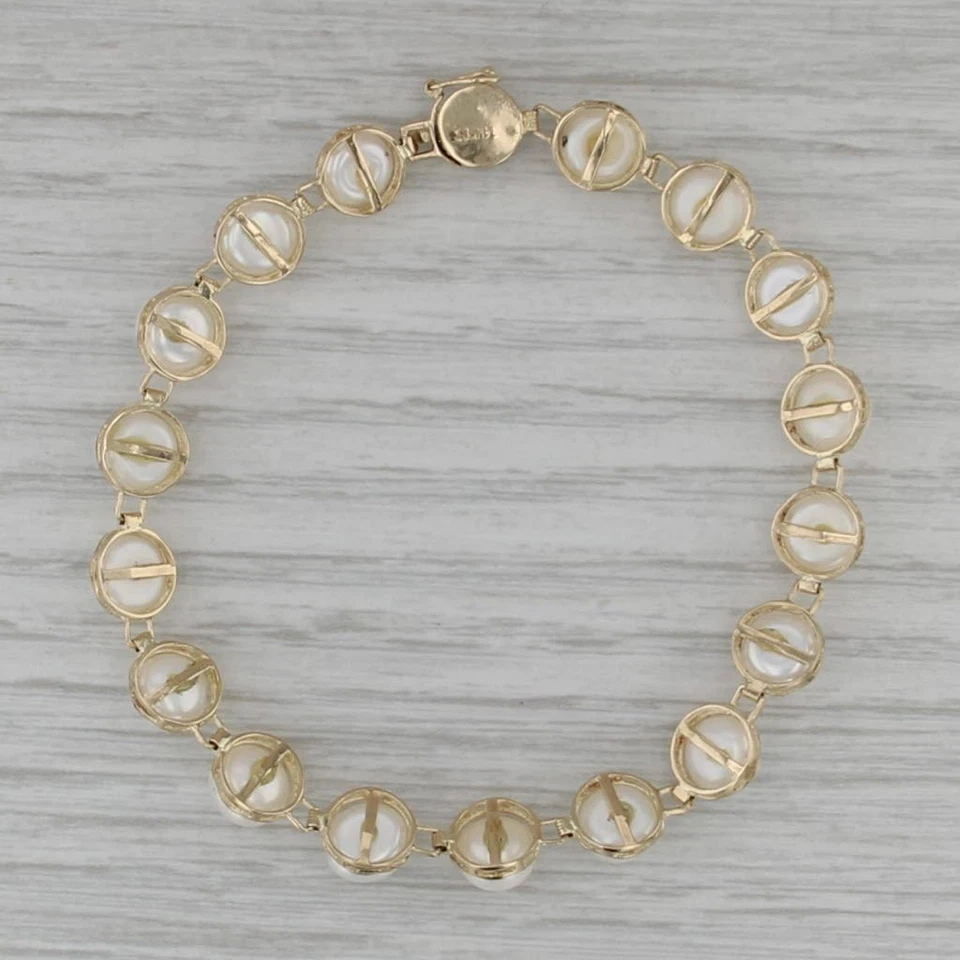 Cultured Pearl Tennis Bracelet 14k Yellow Gold 7" 7.5mm Chinese Calligraphy - Image 3 of 4