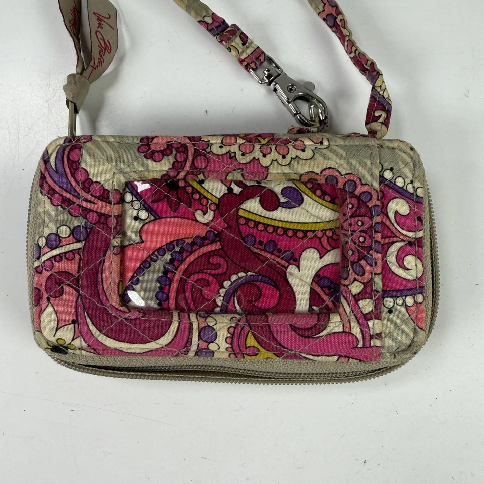 Vera Bradley Porte-carte Zip ID Coton Matelassé Lanière Amovible Rose Paisley - Photo 1/4
