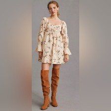 Anthropologie Long-Sleeve Embroidered Mini Dress – Cream, Size Medium