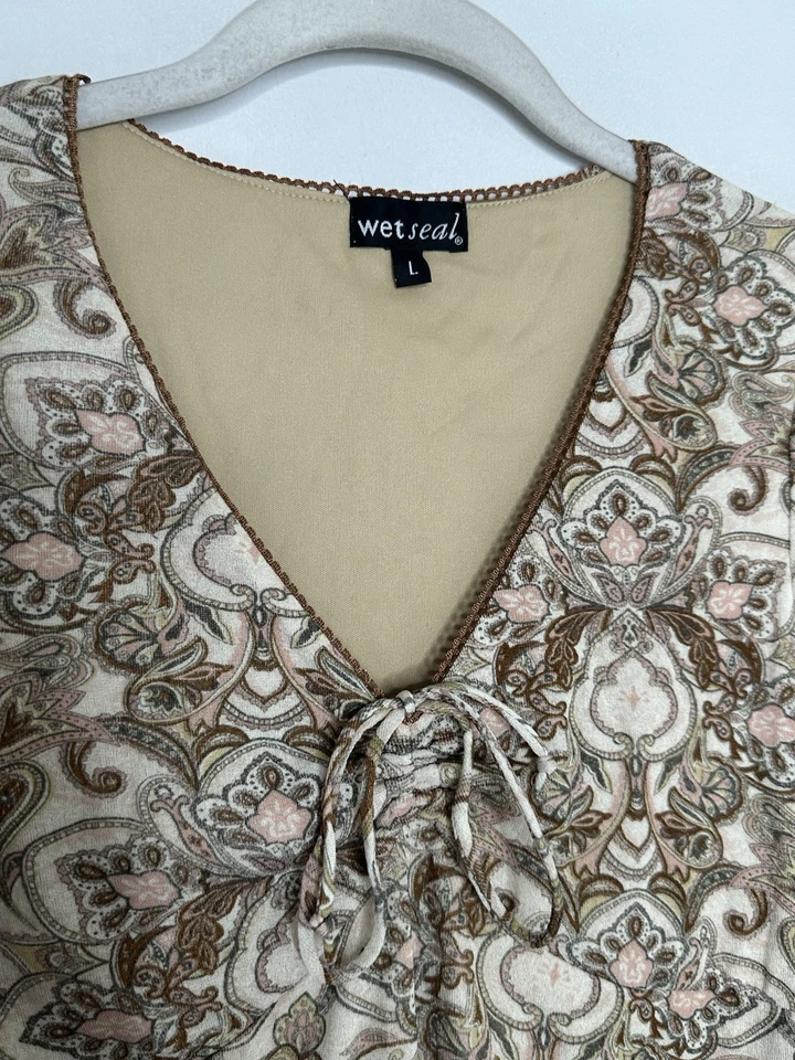 Винтажный 90-х влажная печать коричневый пейсли фея флаттер рукав коттеджкор платье Sz L - Изображение 3 из 4