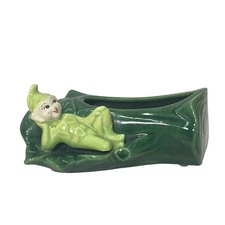 Treasure Craft Ceramic Planter Light Green Pixie Elf Lounging on Log MCM 1950's