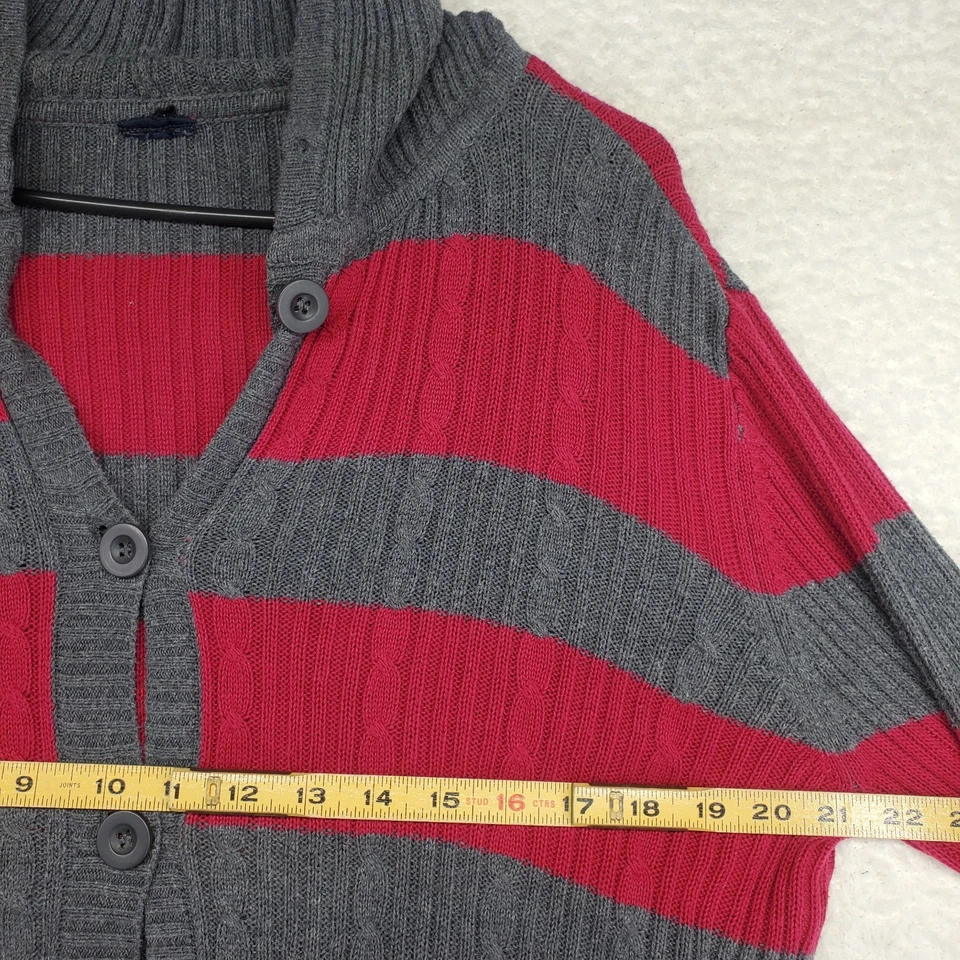Womens Cardigan Sweater Hoodie Large Gray Red Striped Y2K Ribbed Knit Preppy - Image 4 of 4