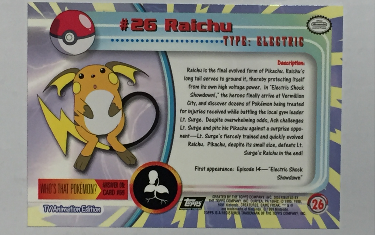 TOPPS - POKEMON - #26 RAICHU - 1999 TV ANIMATION EDITION - M-NM | eBay