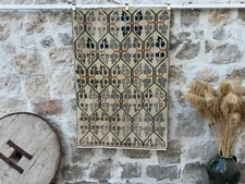 Hand-Woven Turkish Rug 3x5 Beige Wool Geometric Carpet Bedroom Area Rug Muted