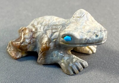 Zuni Carved Picasso Marble Frog Fetish with Turquoise Eyes by Dana Malani, NEW