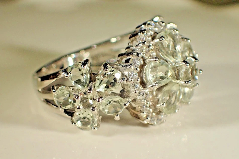 ¡GRANDE! ANILLO NATURAL VERDE AMATISTA-BLANCO CIRCONITA CÚBICA PLATA 925 CHAPADO EN ORO 14k talla 8 #542 Foto 2 de 3