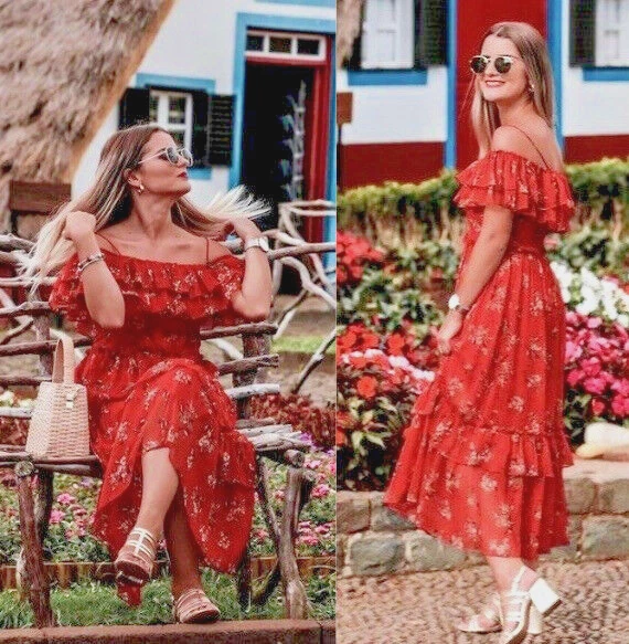 ZARA Red Floral Print Ruffle Bardot Off Shoulder Midi Summer Dress
