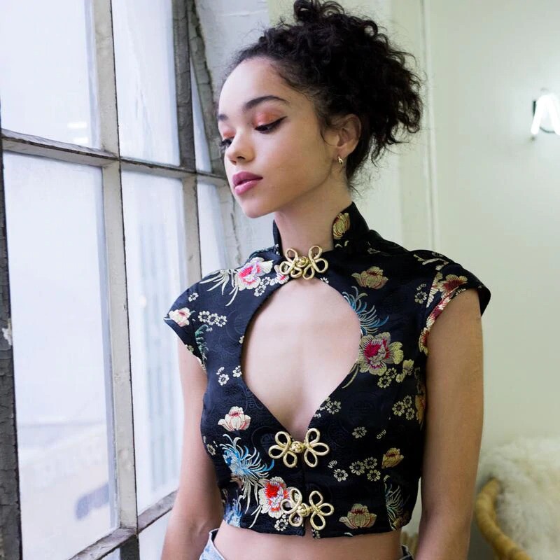 Floral Dragon Irregular Halter Top Sexy Strapless Chinese
