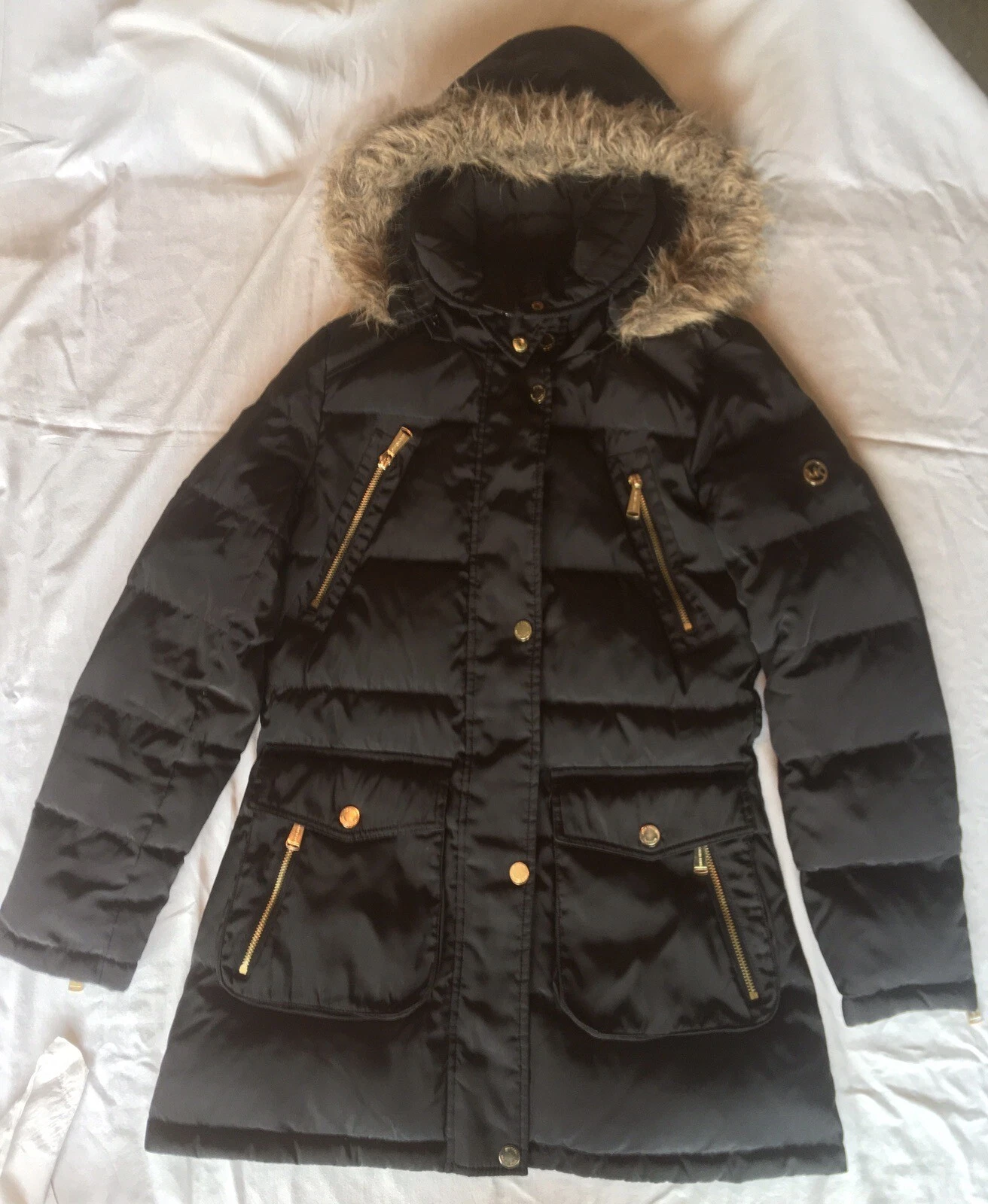 Michael Kors donna nero finiture in pelliccia sintetica cappuccio tampone parka nuovo XS