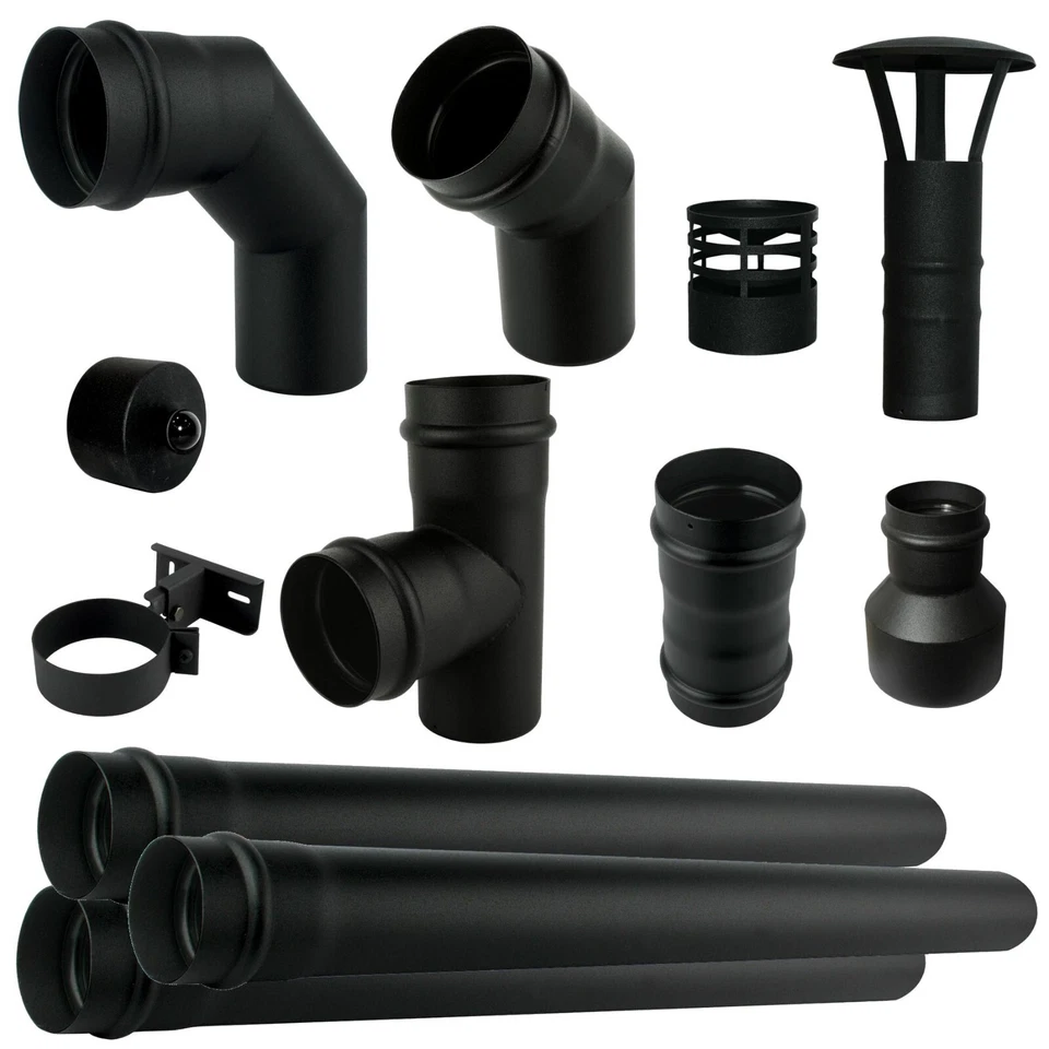 Pelletrohr DN 80 mm Rauchrohr Ofenrohr Pellet T-Stück Bogen Rosette Wandfutter