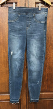 Spanx Jeans Womens Small Blue Ankle Skinny Mid Rise Raw Hem Distressed Pull On