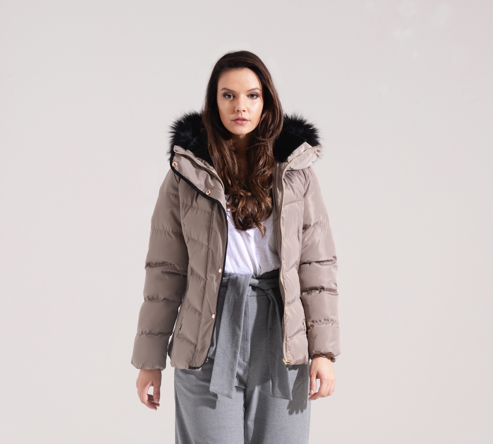 womens mid length puffer coat with fur hood