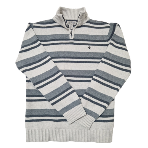 Calvin Klein Kids Unisex 1/4 Zip Mock Neck White Striped Knitted Sweater Size L - Picture 2 of 8