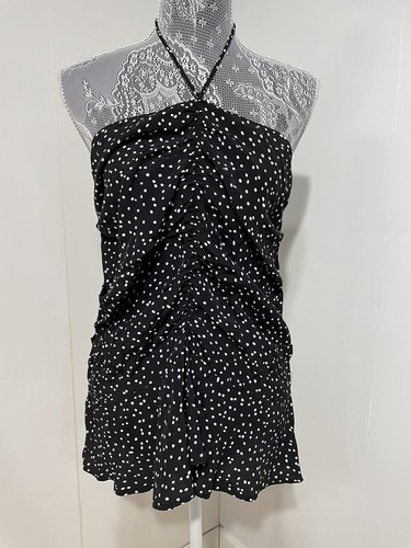 Zara Black White Polka Dot Halter Top Womens Small Shirred Boho Beachy Hippie