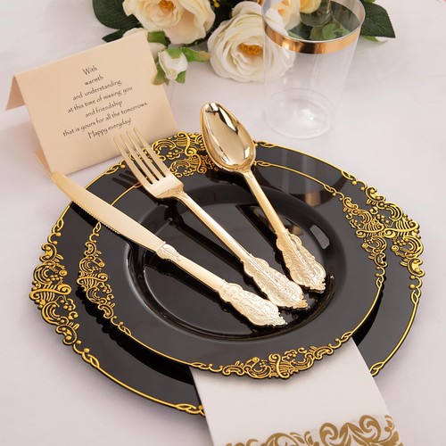 Hioasis 350pcs Black and Gold Plastic Plates with Gold Plastic Silverware inc... - Picture 8 of 9