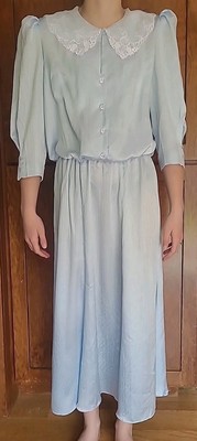 Vintage 80s LtBlue Floral Draw Cottagecore Puff Sleeve Date Dress Lace Collar 12