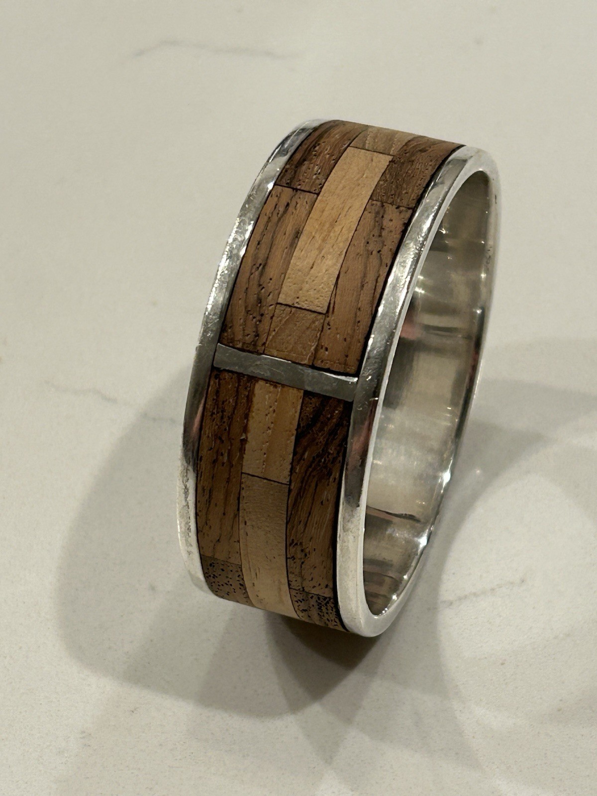 Sterling Silver Unique Heavy Bangle Bracelet Wood… - image 3