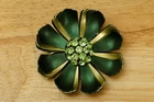 Vintage Hippie Costume Jewelry Green Gold Rhinestone Enamel Flower Brooch Pin
