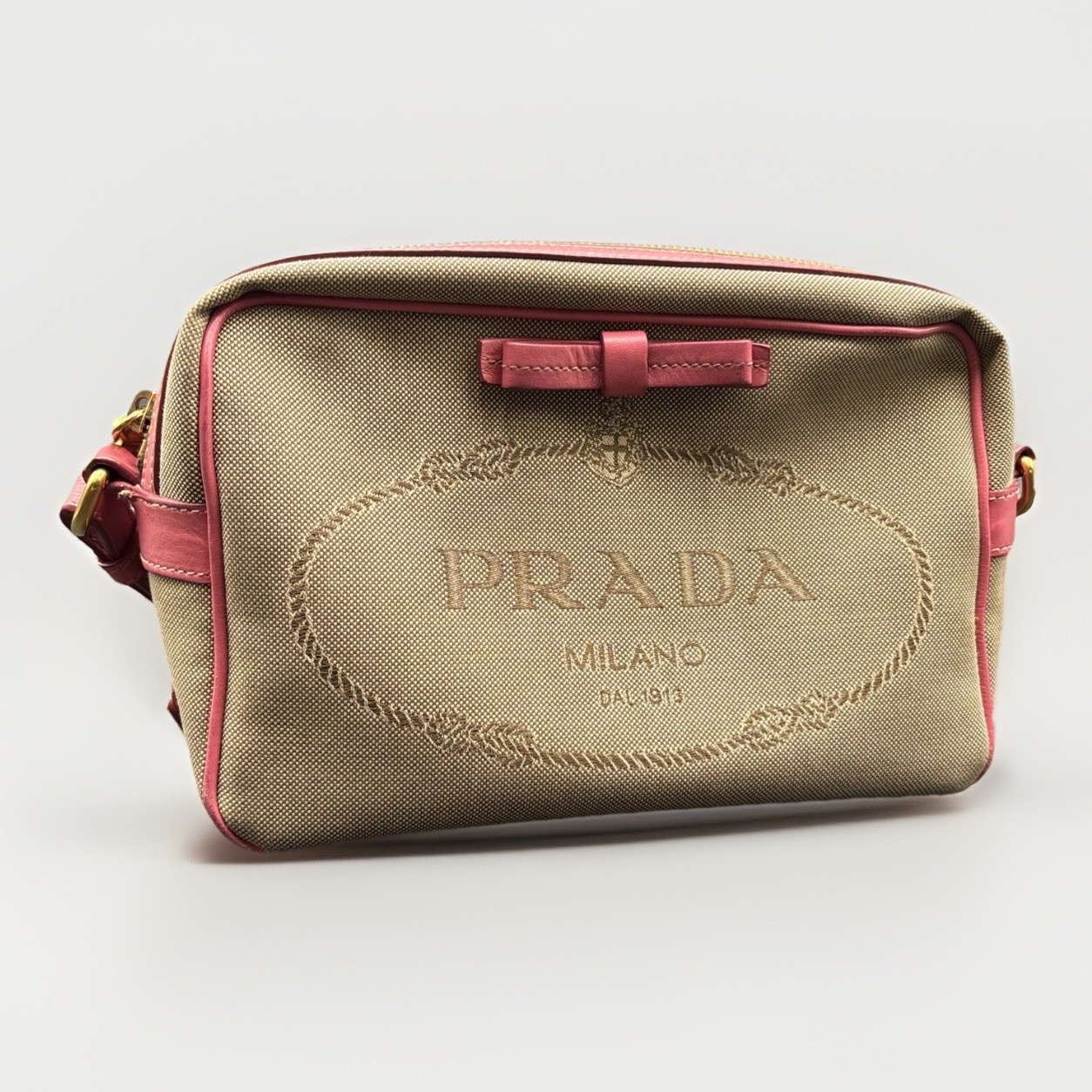Prada Logo Jacquard Crossbody Shoulder Bag Beige Pink
