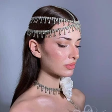 Women Rhinestone Forehead Tassel Metal Masquerade Jewel Show Head Chain 20019