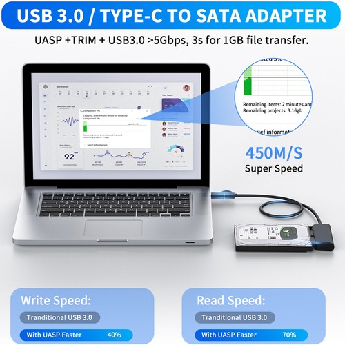 USB3.0 Type-C to SATA22Pin Hard Drive Cable PC 2.5 inch HDD Easy Drive Cable New - Afbeelding 19 van 26