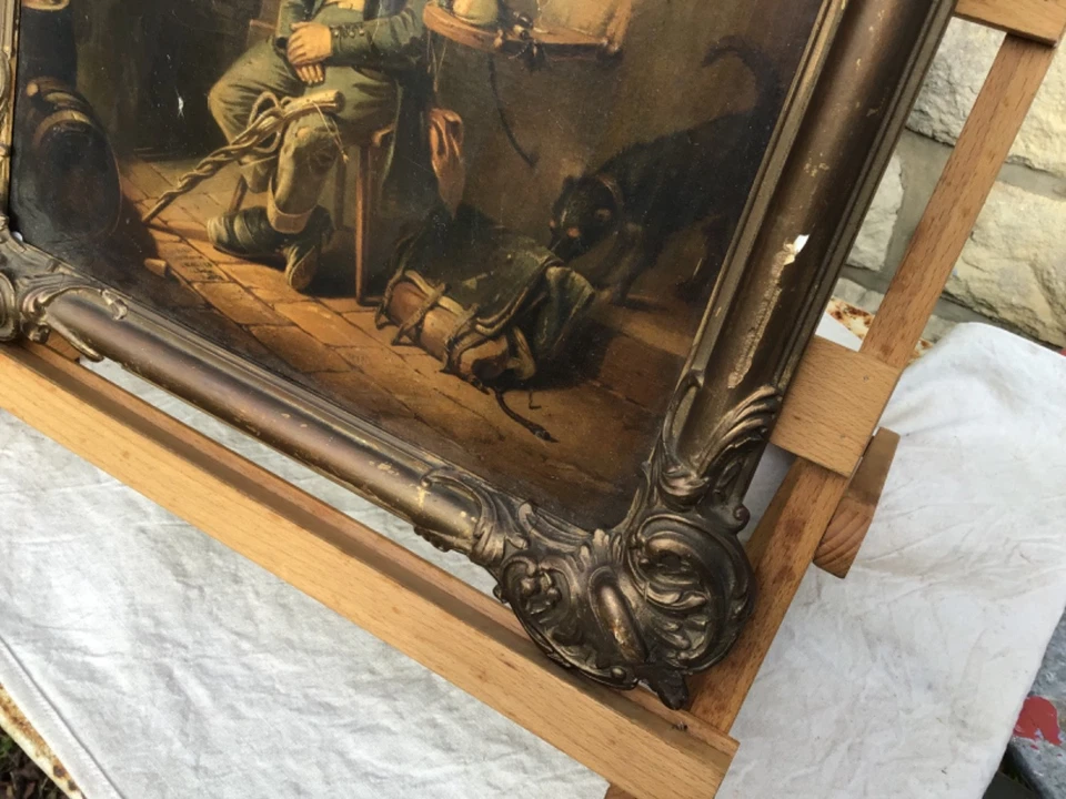 Cadre ancien bois doré chromo sur toile  icône l’homme qui boit scène de rue - Photo 4/4