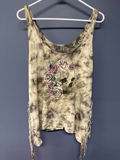 Wound Up Girls M 7-9 Skull Floral Fringe Tie Dye Tank Top Gray