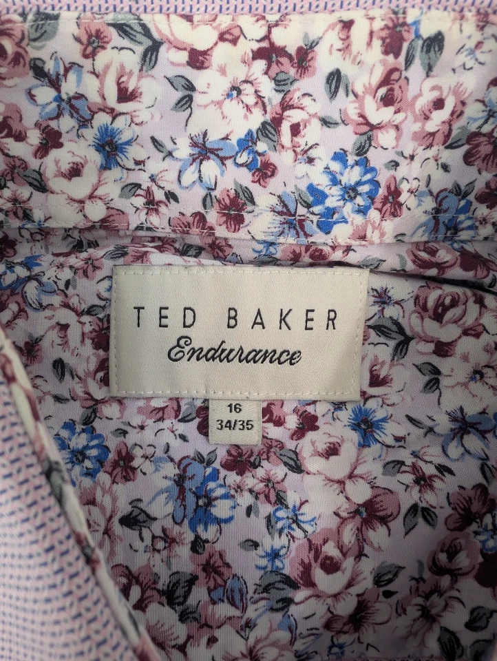 Camisa Ted Baker Para Hombres 16 34 35 Púrpura Rosa Punto Floral Resistencia Puño Abatible Foto 2 de 4