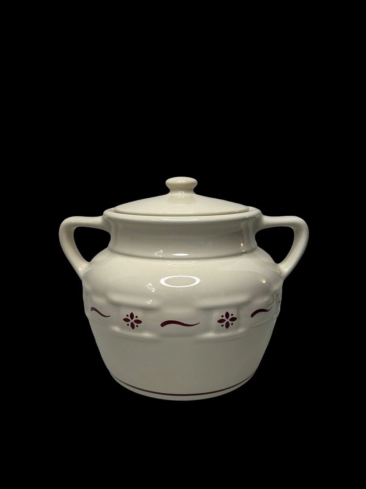 Longaberger Ceramic Cookie Jar Floral Pattern White Burgundy 8in Round w/Lid