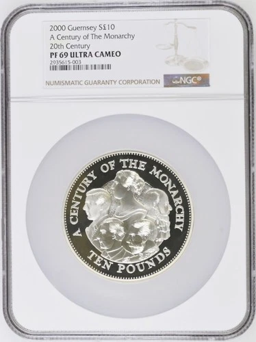 TOP POP - 2000 Guernsey 5 OZ. Silver £10 Century Of Monarchy Proof NGC PF69