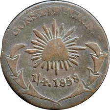 Mexico State Coppers 1/4 Real Durango 1858, One Year Type. KM# 347