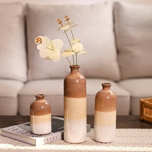 Beige Vase Set, Rustic Farmhouse Ceramic Vases for Mantel Beige and White - Foto 3 di 7