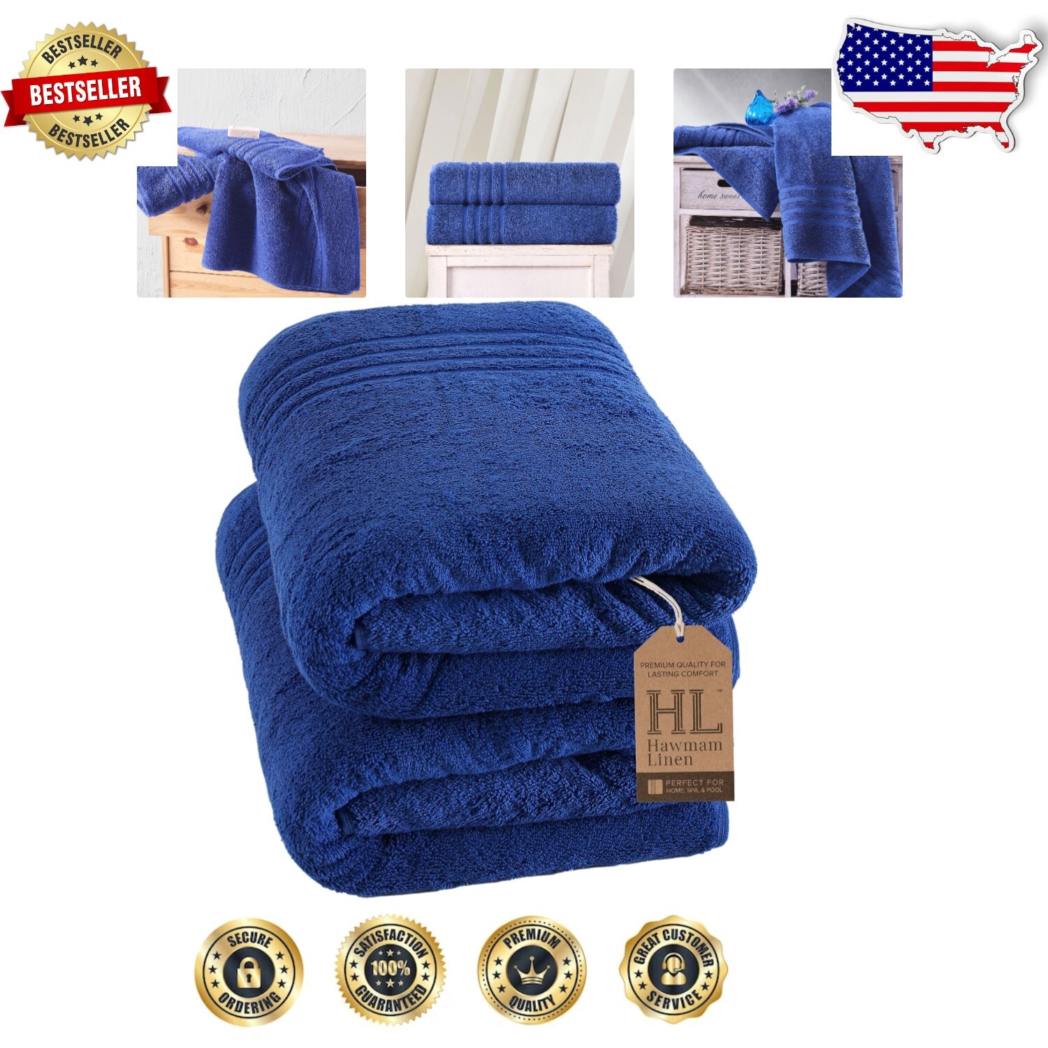 Premium 100% Cotton Towels Set - Luxurious Jumbo Bath Sheets in Royal Blue