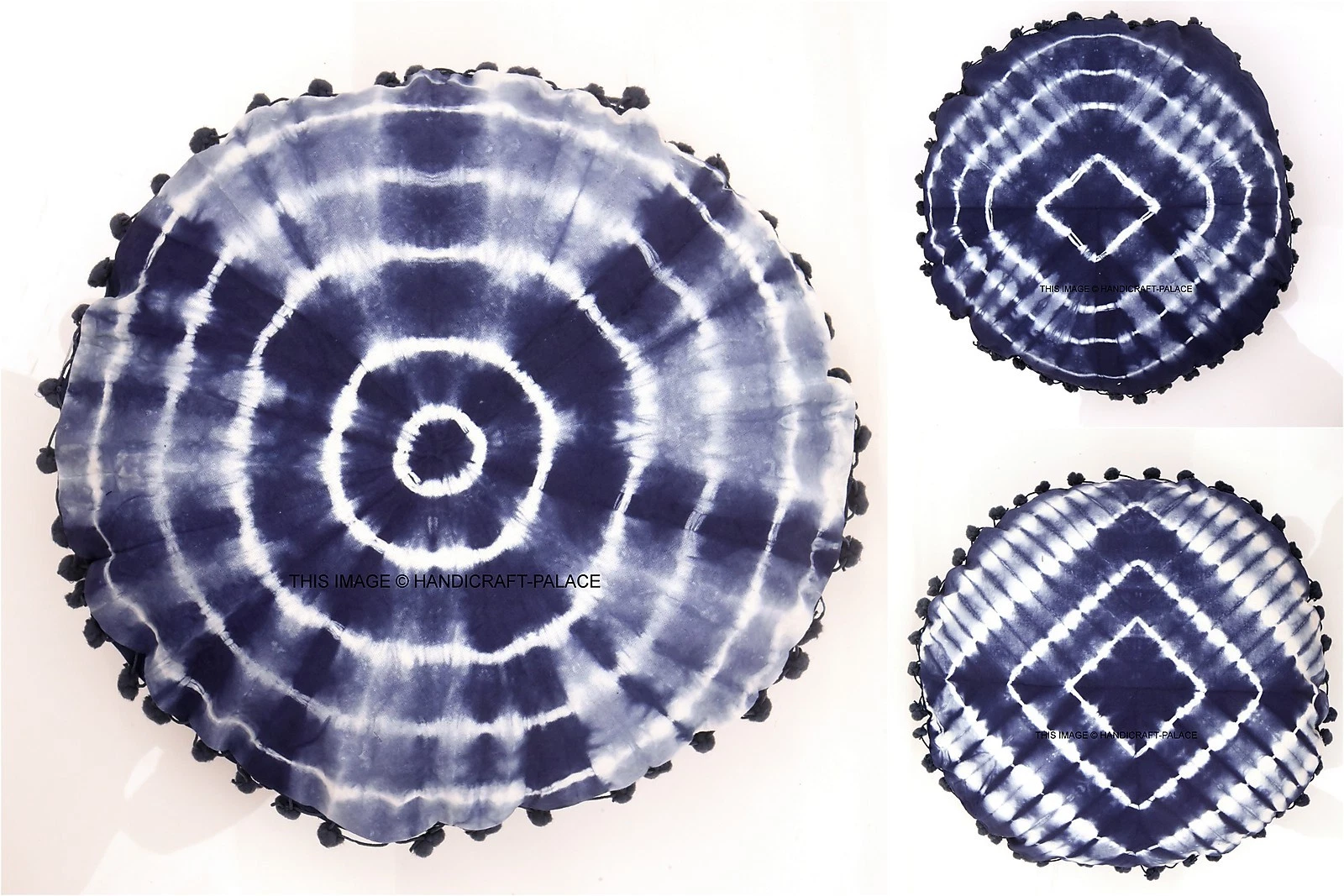 Indien Tie Dye Shibori Indigo Blue Cushion Cover Round Pillow Case Throw Art 16'