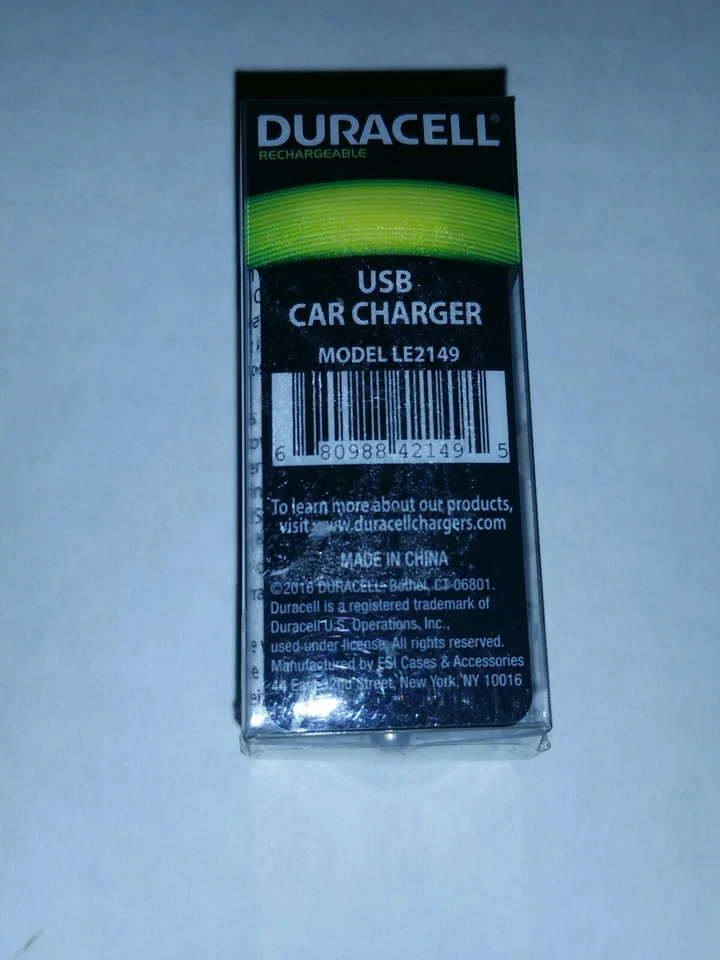 Duracell USB 1 Port Car Phone/Computer Charger Black NIB - Image 2 of 2