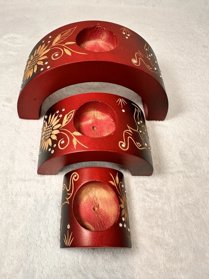 Red Ombré Wooden Elephants Floral Nesting Half Moon Candle Holders Hand Tealight - Image 4 of 4