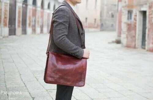 Leather17'' Messenger Brown Bag Laptop Satchel Men's Shoulder Backpack Rucksack