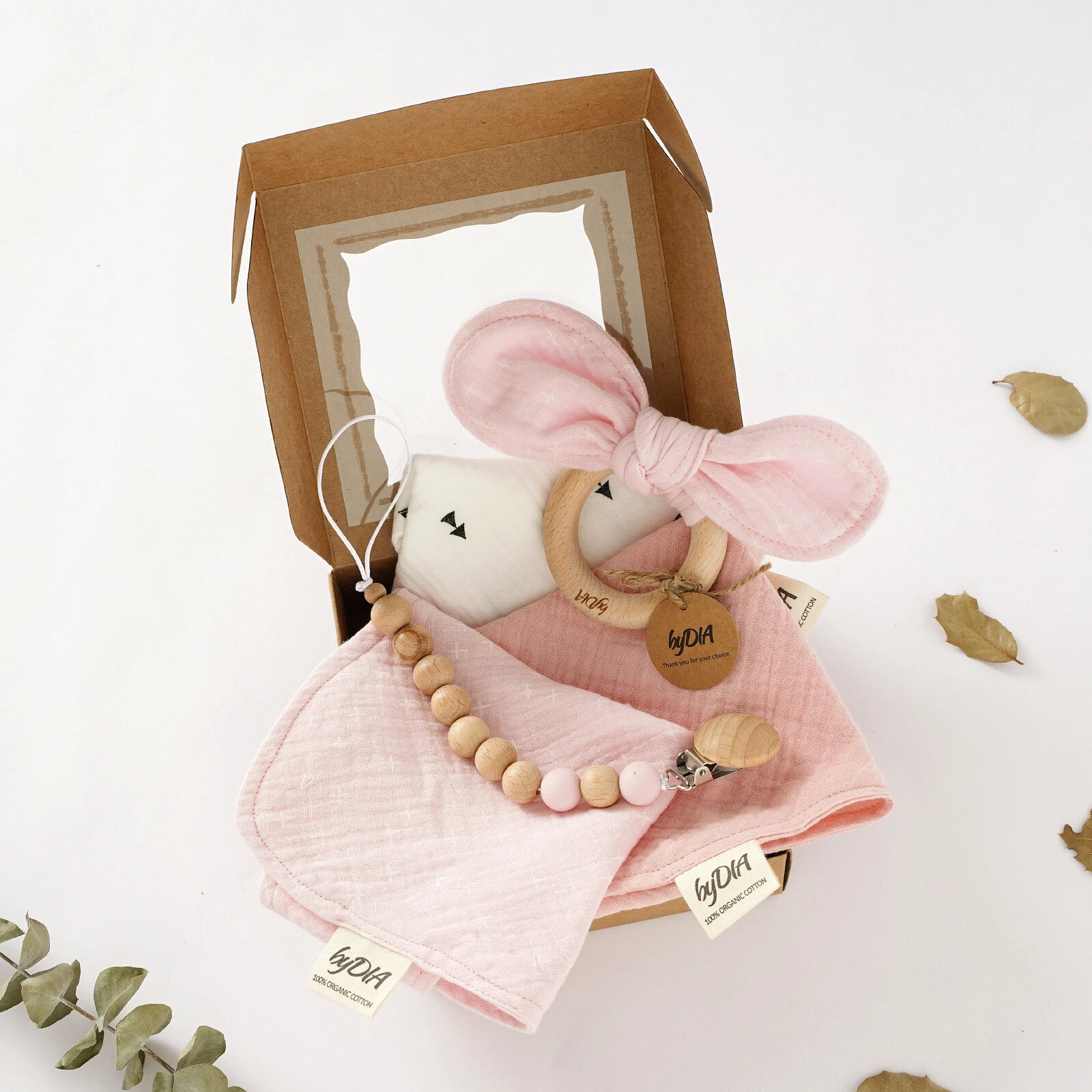 Baby Bibs Teething Set  Cotton Muslin   with Ring Toy and Pacifier Clip Chain