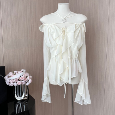Lady Chiffon Ruffled Shirt Flared Sleeve Blouse Lace Up