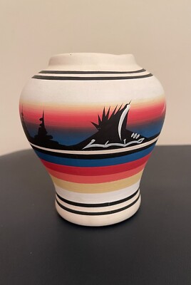 Native American Hand Painted Lidded Jar Bright Multi-Color Signed
