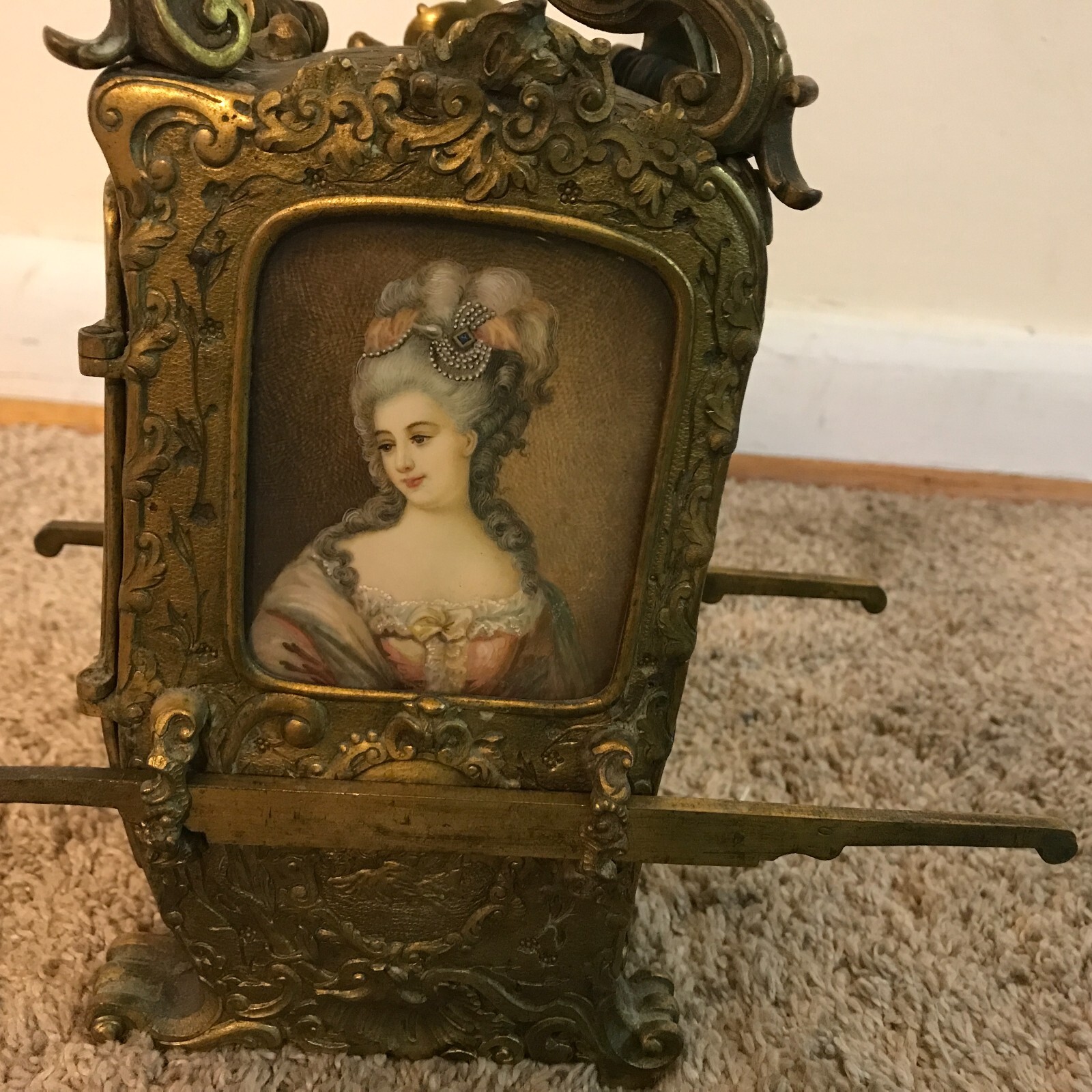Antique 19th C  French Gilt Bronze Sedan Chair Portrait Clock