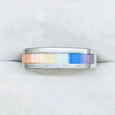 925 Sterling Silver Rainbow Mother Of Pearl Colorful Inlay Wedding Ring Size 6