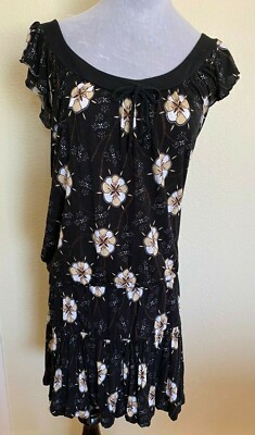 MNG Collection Black Floral BoHo Cap Sleeve Tiered Round Neck Dress Women's S
