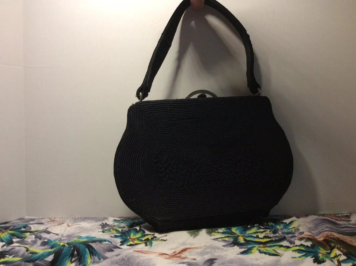 1940 s True Vintage Hand Bag Purse Gold Seal Black Cordee Dark Brown Cord Corde
