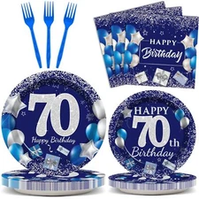 96 Pcs 70th Birthday Party Supplies Navy Blue and Silver Birthday Plates 70th...
