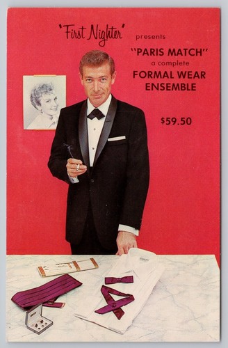 1950s Advertising First Nighter, Paris match Men's Formal Wear Tuxedo Postcard
